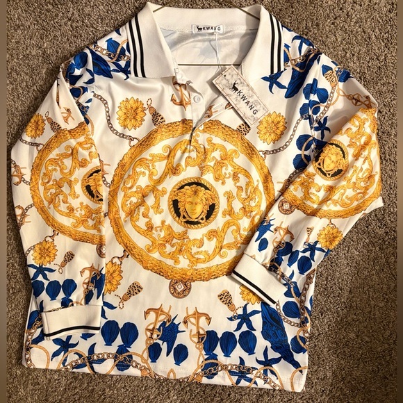 fashion Tops - Fashion Gold and Blue Patterned Long Sleeve Polo with Medusa Head